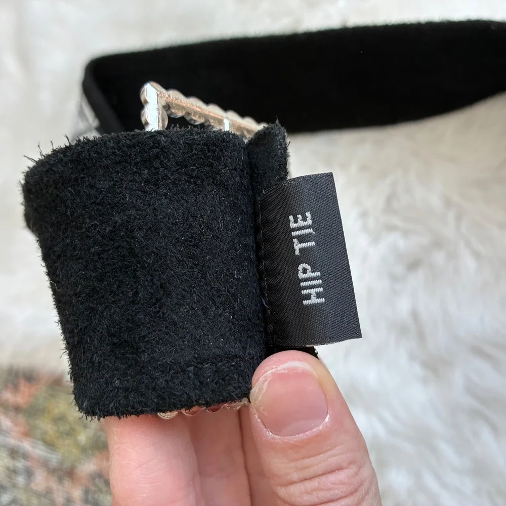 Vintage Silk‎ and Suede Hip Belt Black Botanical Leaf Rhinestone Buckle Korea